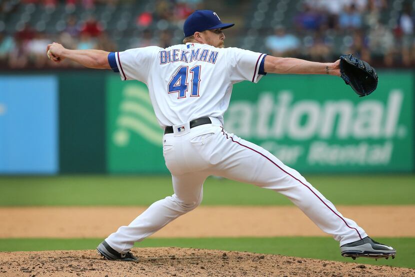 Texas Rangers relief pitcher Jake Diekman (41) is pictured during the Houston Astros vs. the...