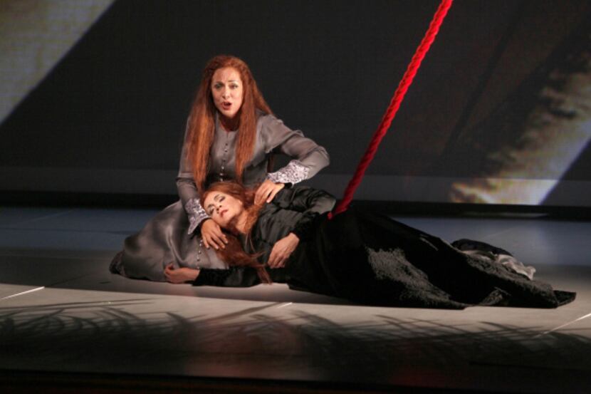 Mary Phillips (top) as Brangane and Jeanne-Michele Charbonnet as Isolde during Act I of the...