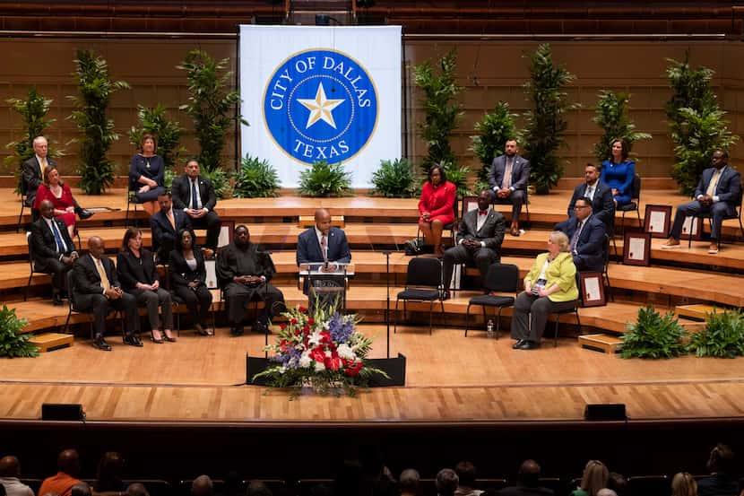 Dallas Mayor Eric Johnson speaks during the Dallas City Council’s inauguration ceremony on...