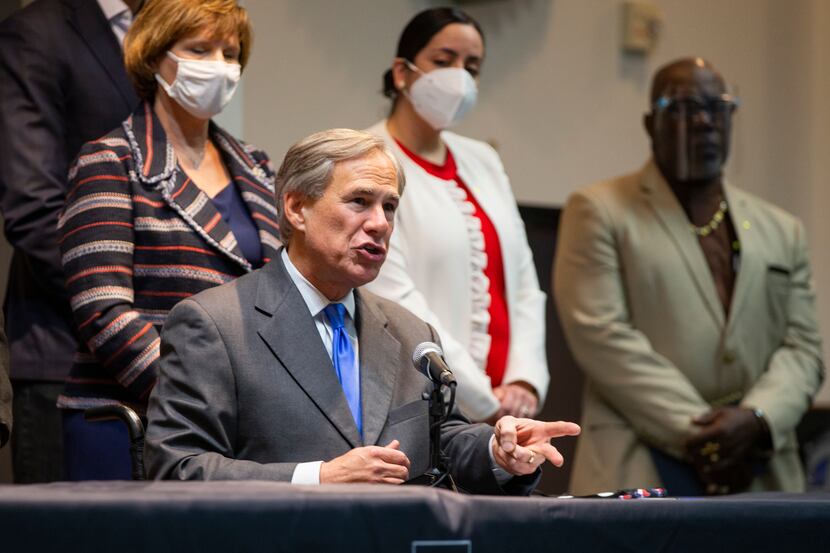 Governor Greg Abbott speaks at a press conference to announce legislative proposals related...