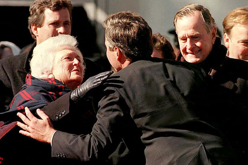 Jeb Bush is congratulated by his parents, former first lady Barbara Bush and president...