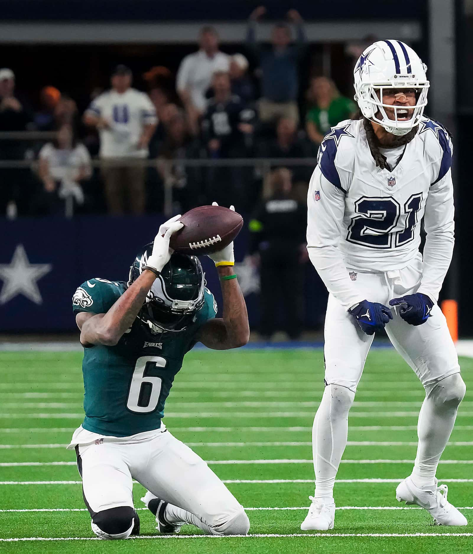 Dallas Cowboys cornerback Stephon Gilmore (21) celebrates after stopping Philadelphia Eagles...