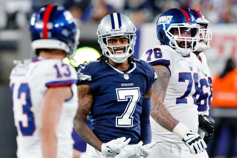 Dallas Cowboys cornerback Trevon Diggs (7) smiles at New York Giants wide receiver David...