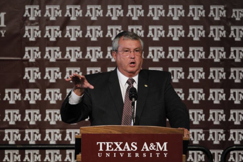 Texas A&M athletic director Bill Byrne of Aggies speaks prior to a news conference for the...