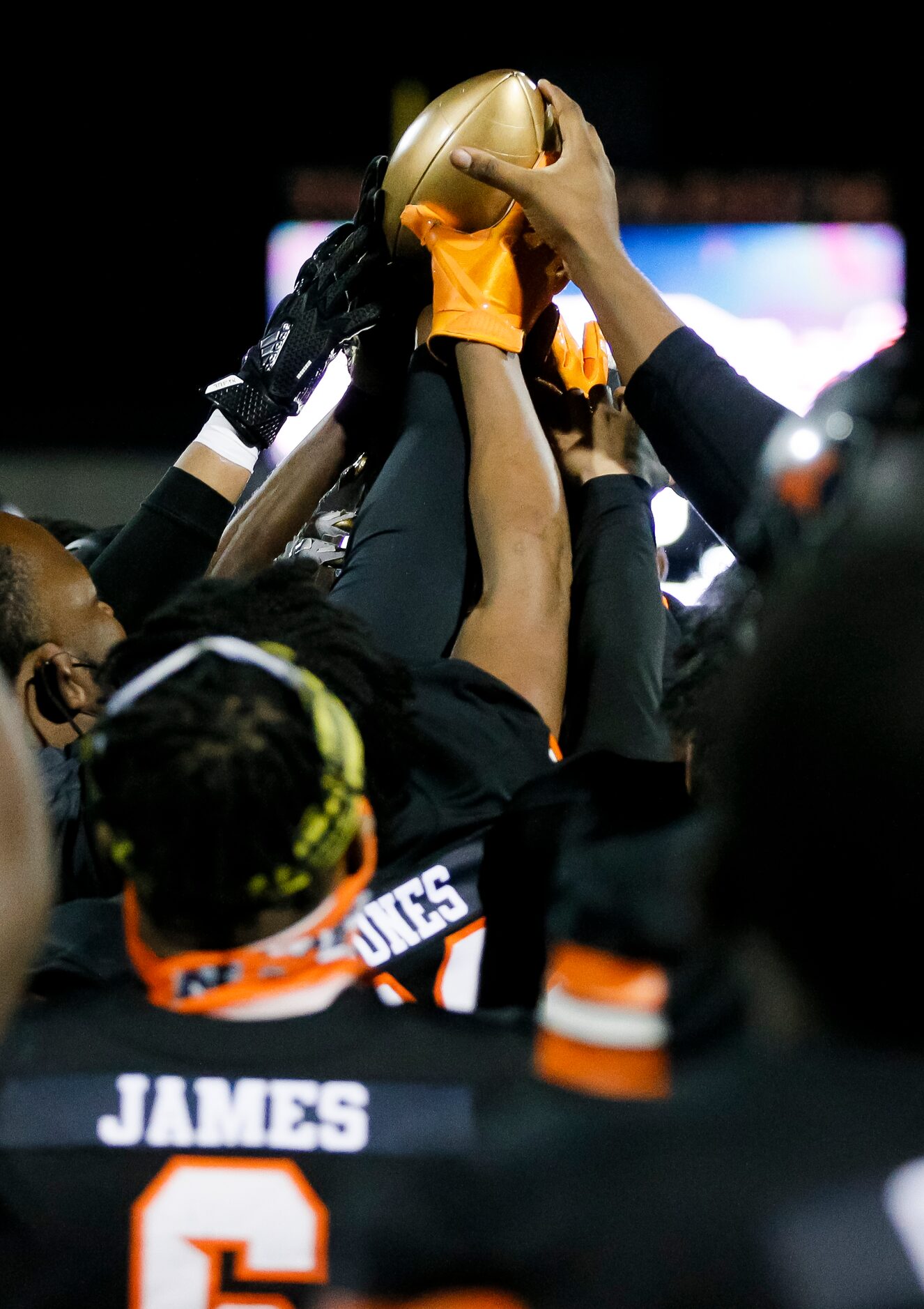 Lancaster celebrates a 29-6 win over Wakeland in a class 5A Division I bi-district round...