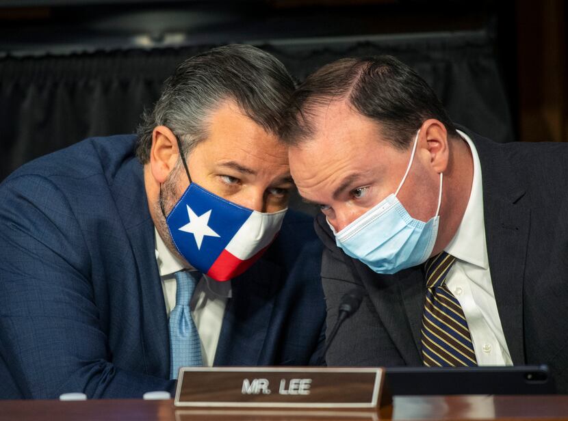 Sens. Ted Cruz of Texas and Mike Lee of Utah spoke during the fourth day of Judge Amy Coney...