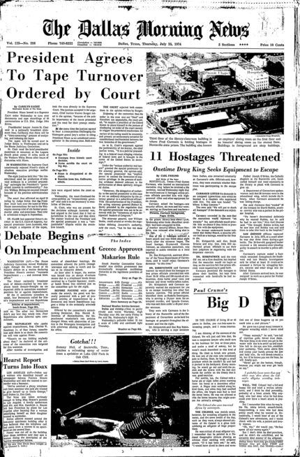 The Dallas Morning News front page from July 25, 1974.