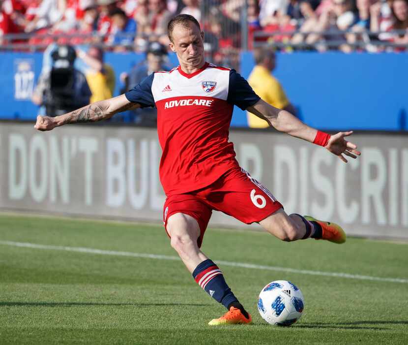 Anton Nedyalkov of FC Dallas shoots against Seattle Sounders. (3-18-18)