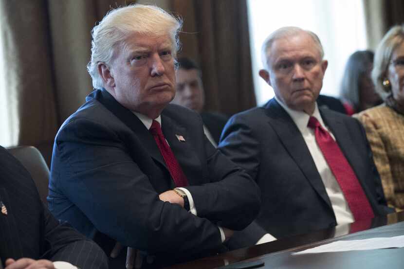 President Donald Trump and Attorney General Jeff Sessions attend a discussion on opioid and...