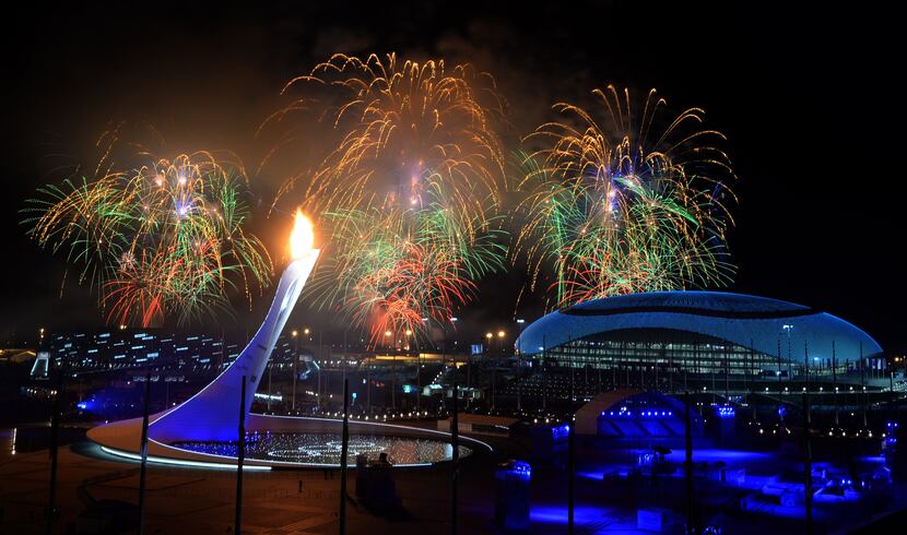 Fireworks light the sky over the Fisht Olympic Stadium as the flame is ignited.