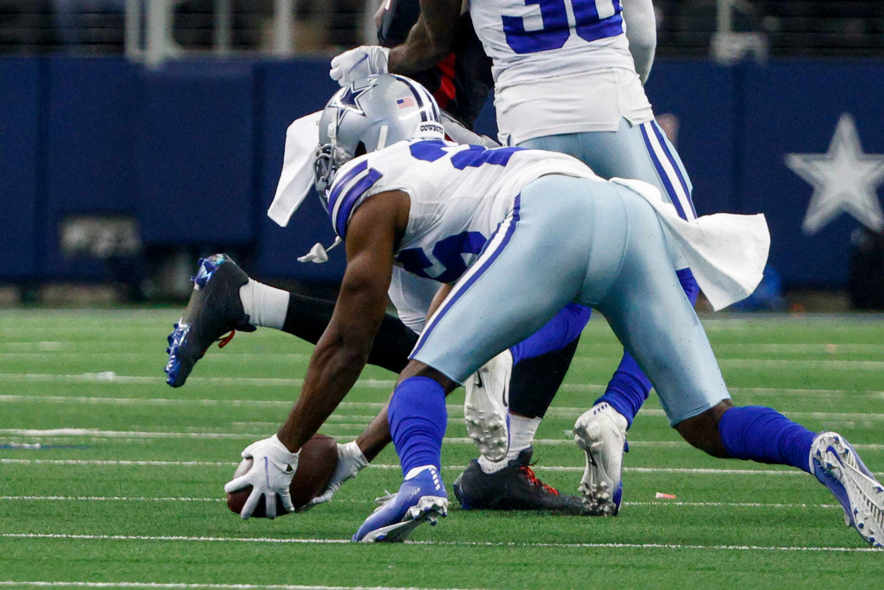 Dallas Cowboys cornerback Jourdan Lewis (26) intercepts a pass from Atlanta Falcons...