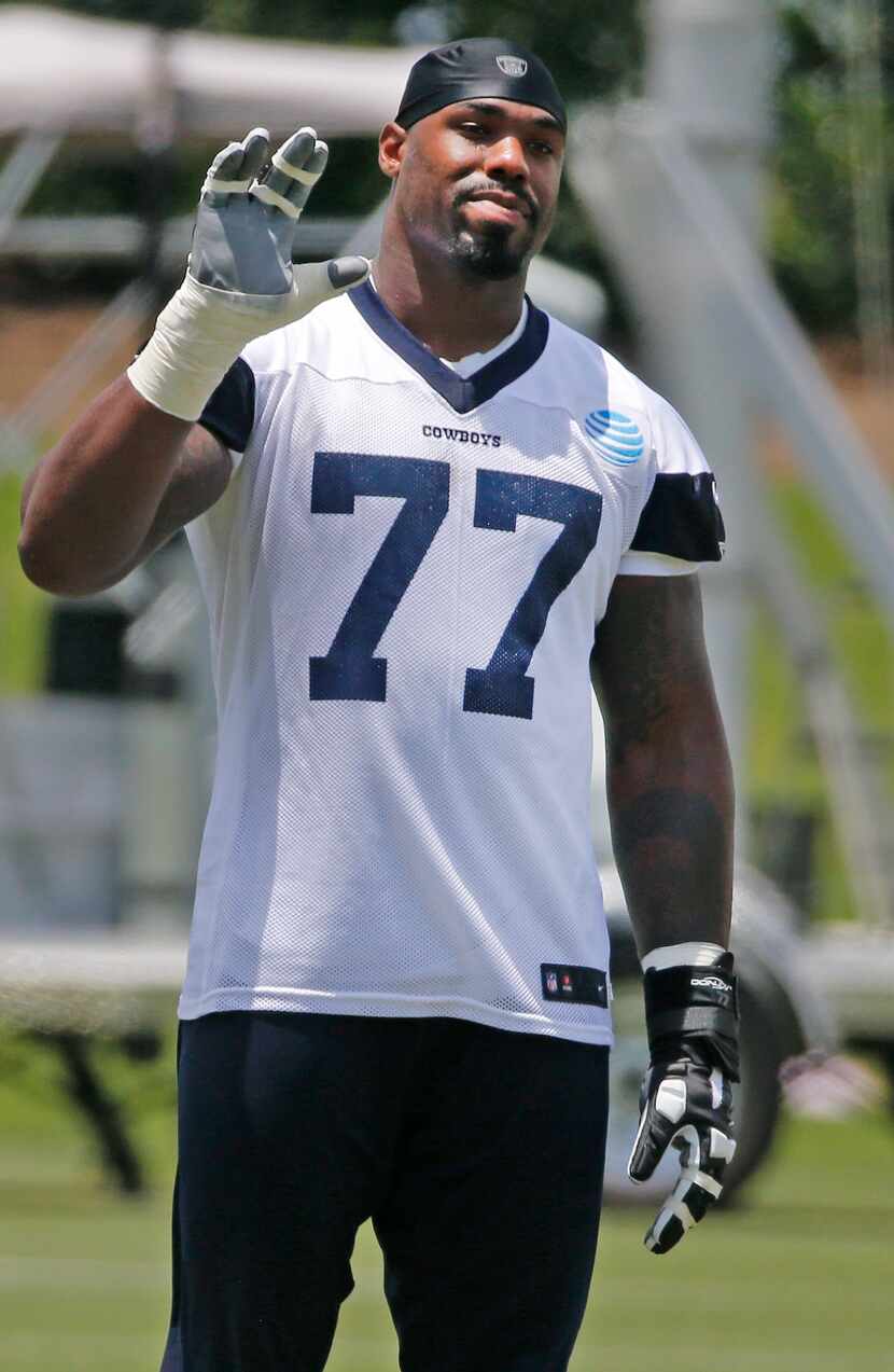 Dallas Cowboys offensive tackle Tyron Smith (77) is pictured during Dallas Cowboys OTA...