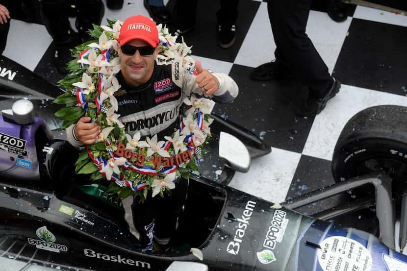 May 26, 2013; Indianapolis, IN, USA; IndyCar Series driver Tony Kanaan celebrates in victory...