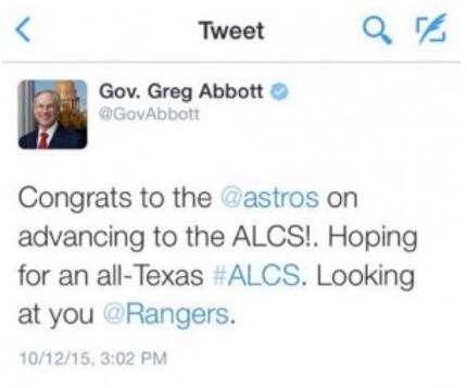 Screenshot of the deleted Astros tweet Gov. Greg Abbott sent on Oct. 12, 2015. (Matt...