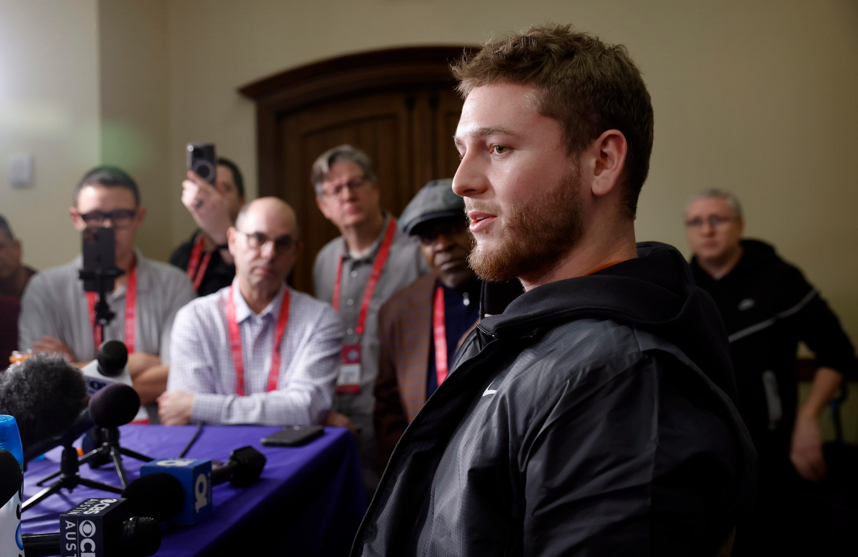 Texas Longhorns quarterback Quinn Ewers answers questions from the media during Cotton Bowl...