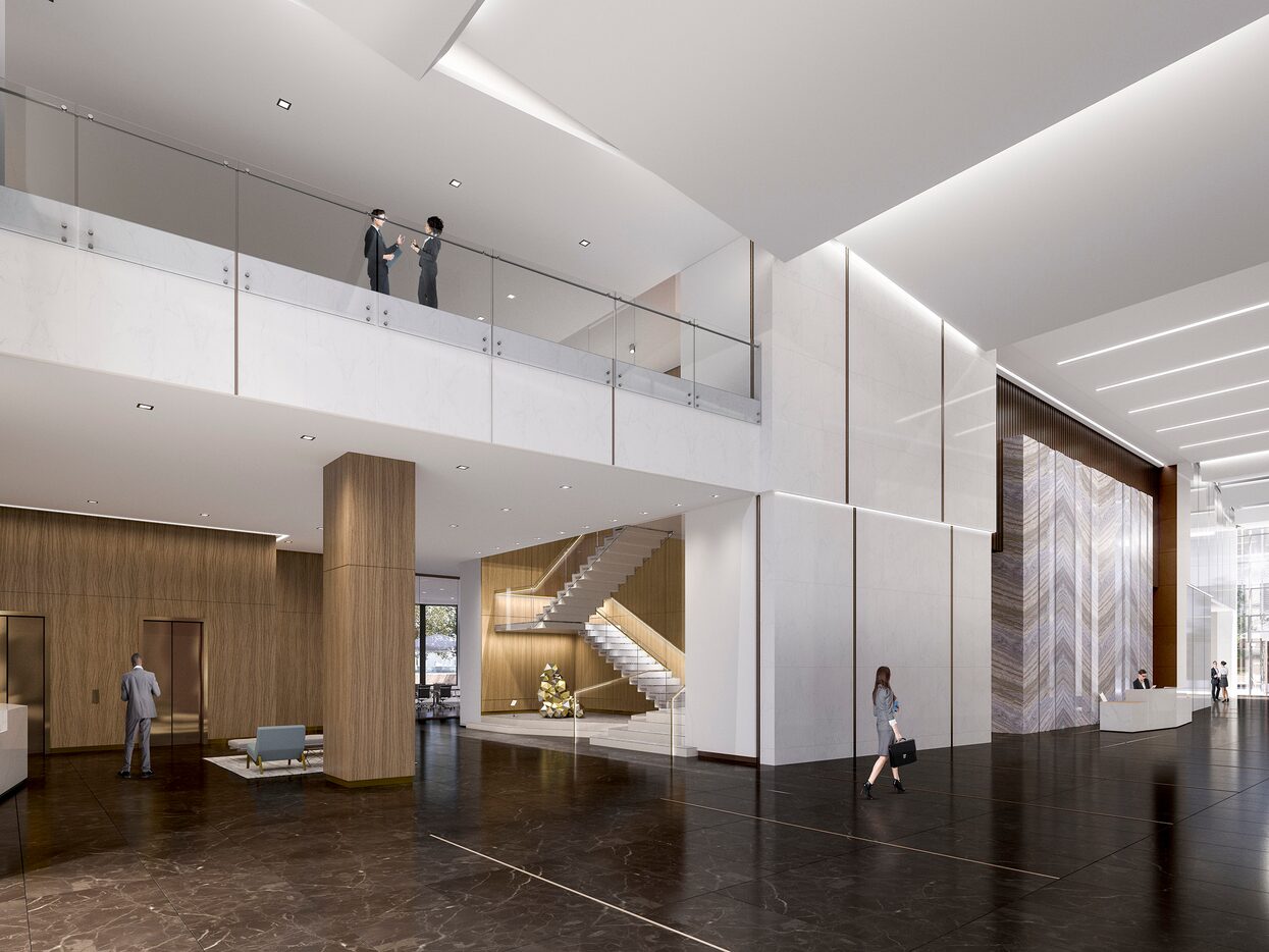 The redone lobby of the 32-year-old Trammell Crow Center in downtown Dallas will have white...