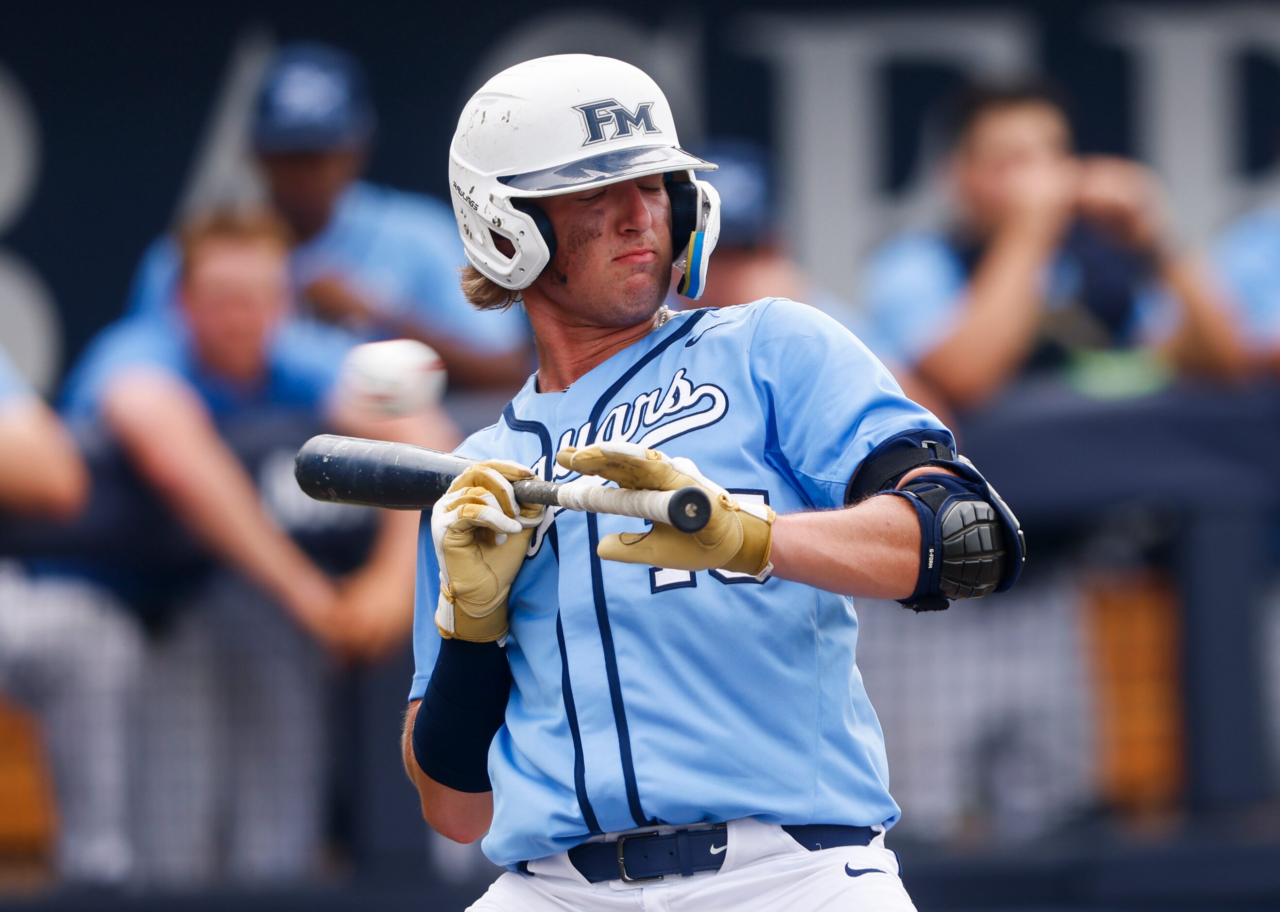 Flower Mound’s Josh Glaser (15) dodges a pitch during Game 3 of a best-of-3 Class 6A Region...