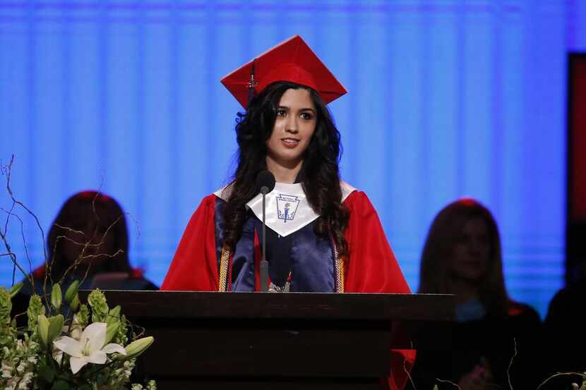 
Valedictorian Larissa Yanin Martinez delivers a speech during the McKinney Boyd High School...