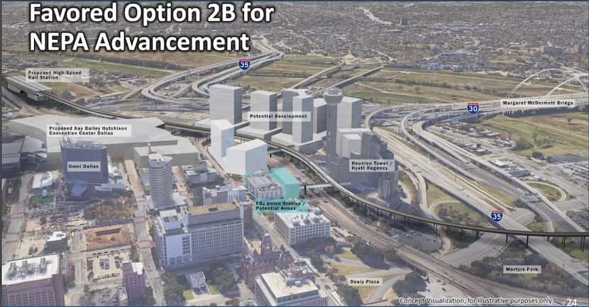 A rendering shows the current alignment of a Dallas-to-Fort Worth high-speed rail line...