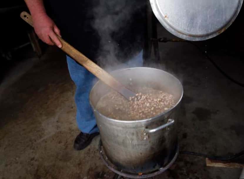 
A kettle full of beans on the burner at Pit Stop BBQ
