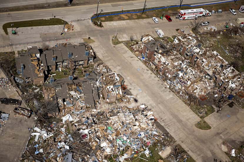 An aerial photograph taken in February 2016  shows remnants of tornado damage to the...