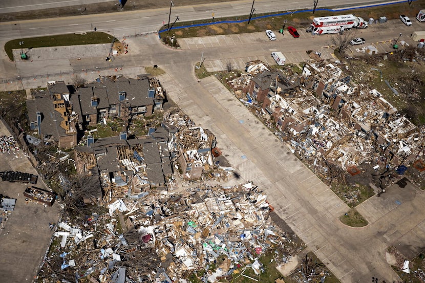 An aerial photograph taken in February 2016  shows remnants of tornado damage to the...