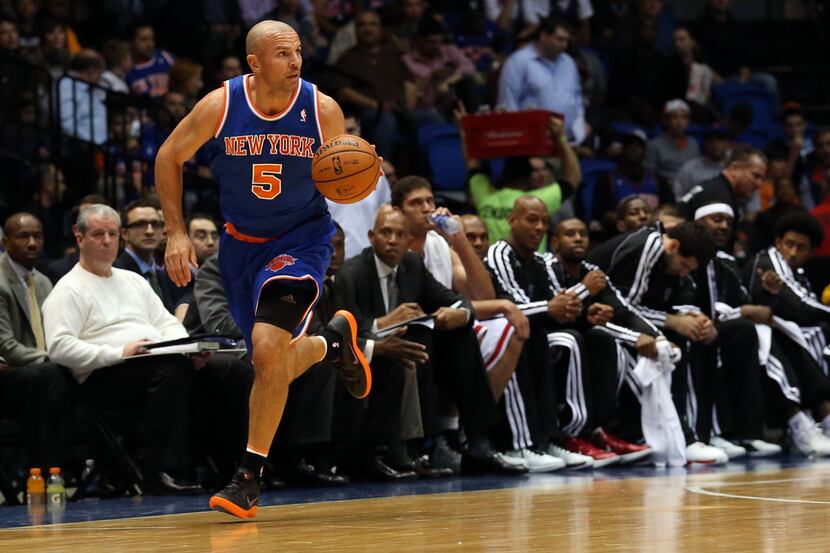Oct 24, 2012; Uniondale, NY, USA;  New York Knicks point guard Jason Kidd (5) dribbles the...