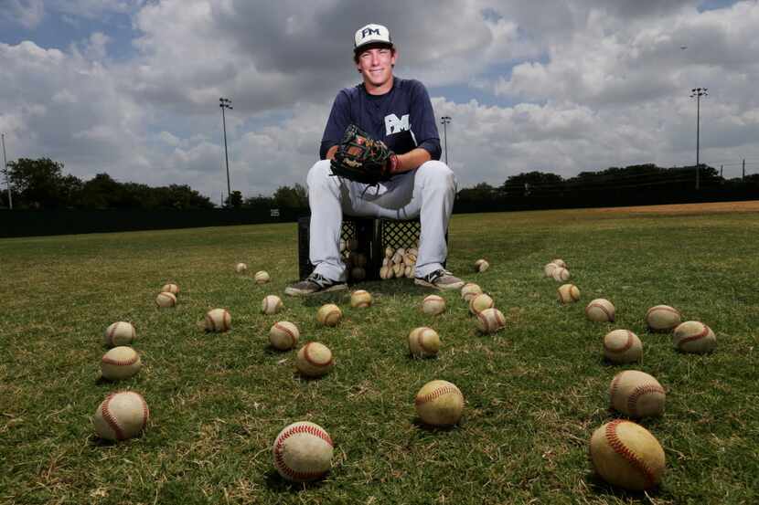 Pitcher Kyle Johnston, 17, of Flower Mound, on the field at Flower Mound High School in...