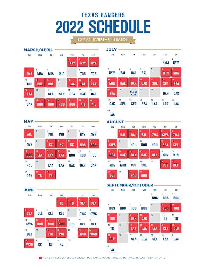 The Texas Rangers' full 2022 schedule.