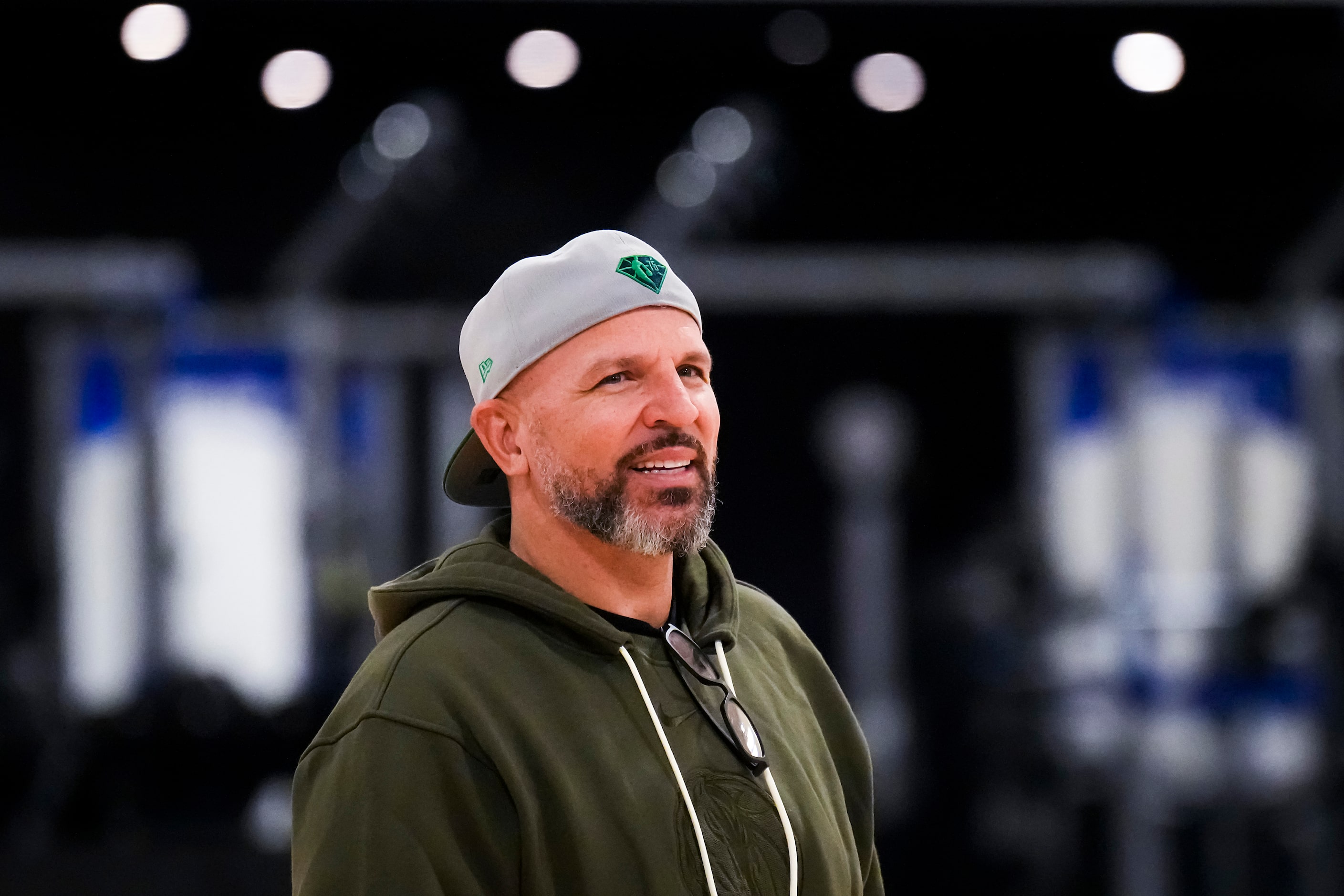 Dallas Mavericks head coach Jason Kidd watches as the team practices in preparation for Game...