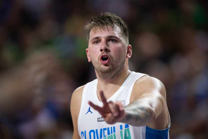 Luka Doncic of Slovenia gives his team instructions during the FIBA EuroBasket 2022 group B...