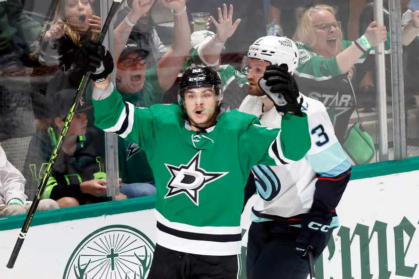 Dallas Stars center Wyatt Johnston (53) celebrates his third period goal against Seattle...