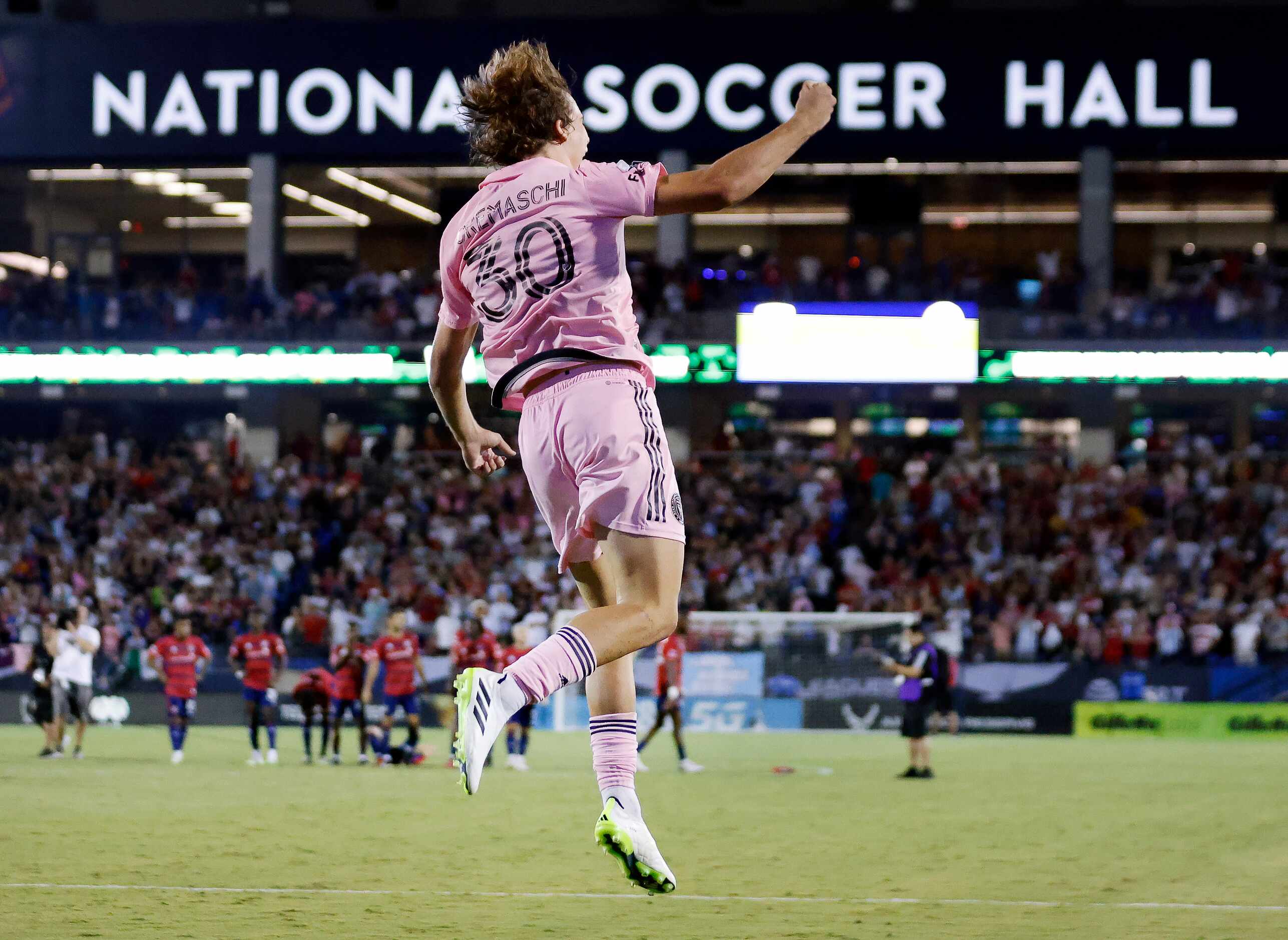 Inter Miami midfielder Benjamin Cremaschi (30) celebrates his winning shot during the...