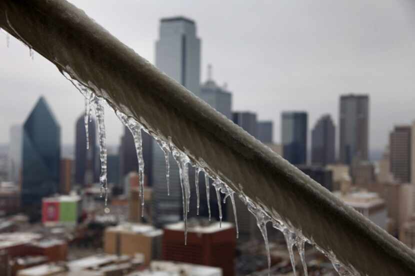 Icicles hang from the exterior cage as seen from the GeO-Deck observation level, 470 feet...