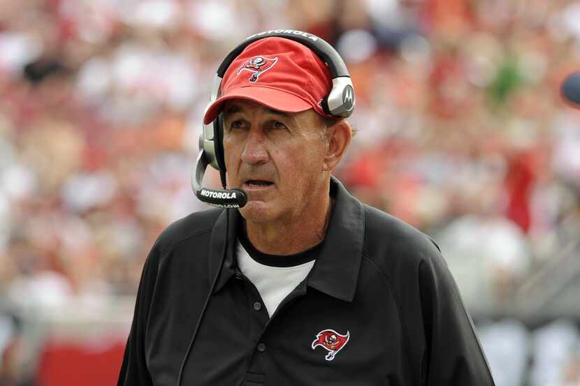Defensive coordinator Monte Kiffin of the Tampa Bay Buccaneers watches play against the...