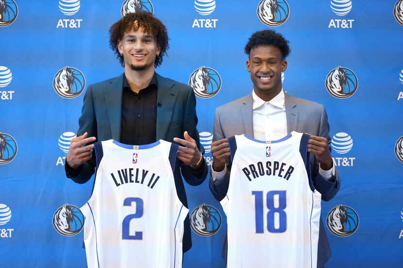 Newly drafted Dallas Mavericks players Dereck Lively II of Duke and Olivier-Maxence Prosper...