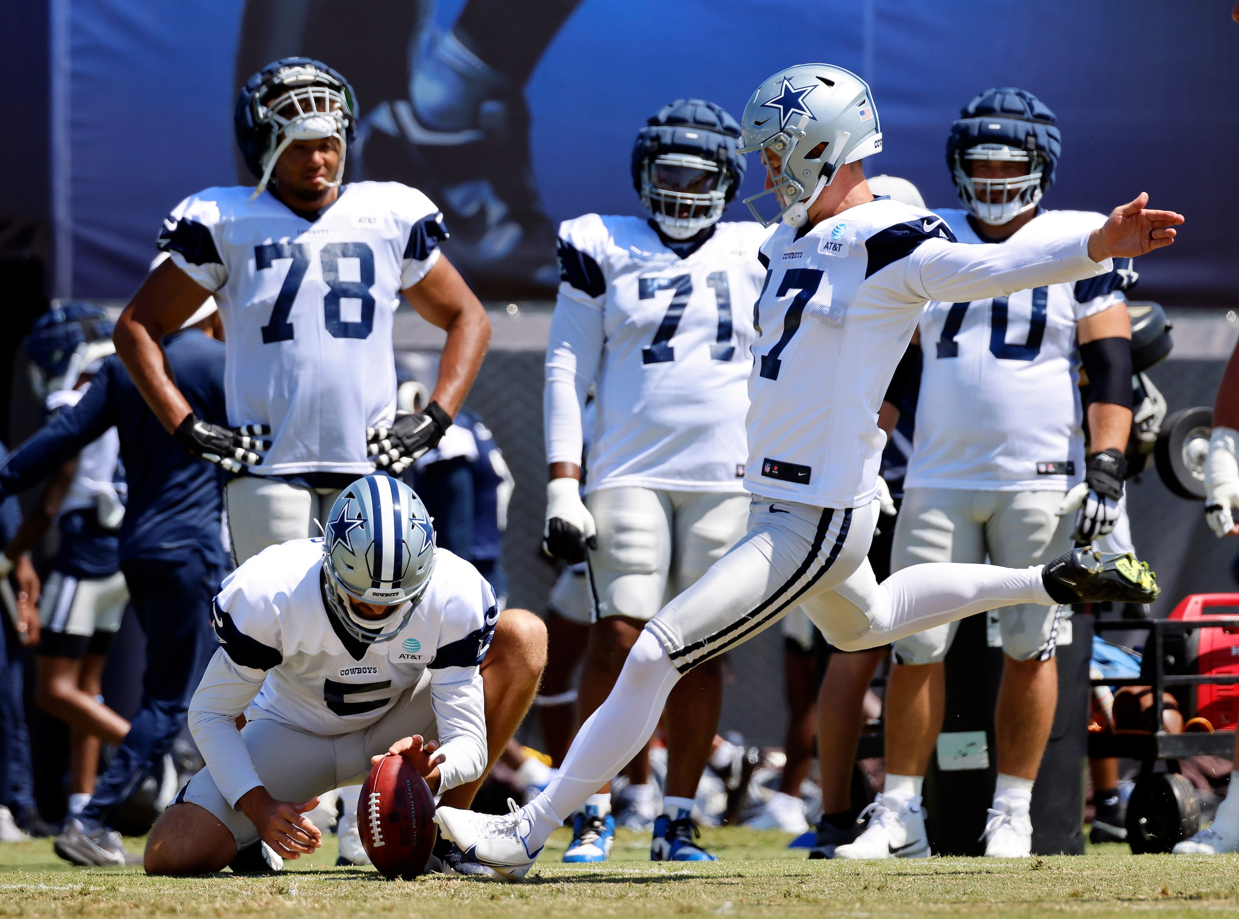 Dallas Cowboys place kicker Brandon Aubrey (17) steps into a field goal attempt during a...