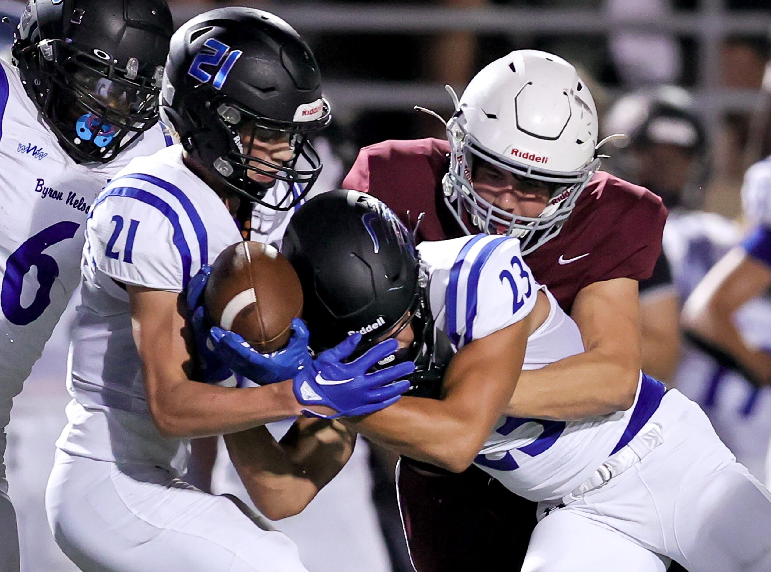 Byron Nelson cornerback Adrian Innmon (23) comes up with an interception against Plano...