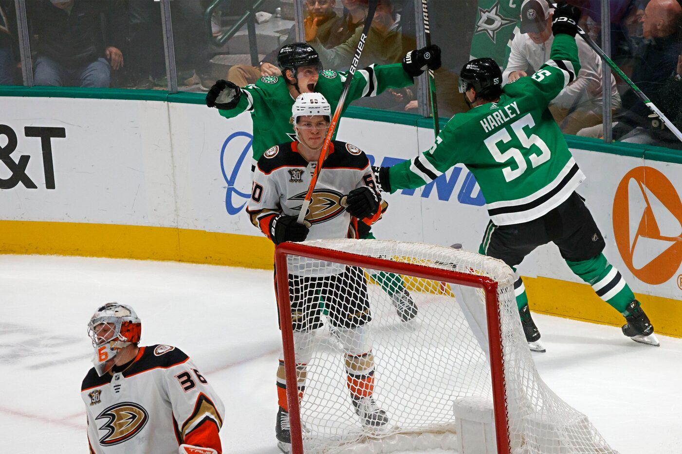 Dallas Stars defenseman Thomas Harley (55) celebrates with his teammate Dallas Stars center...