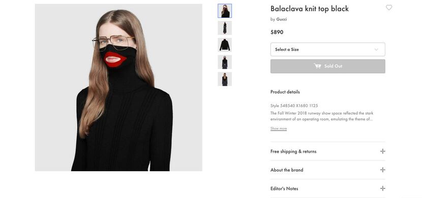 A screenshot taken on Feb.7, 2019 from an online fashion outlet showing a Gucci turtleneck...