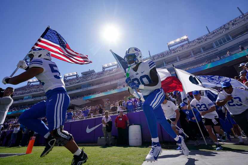 BYU runs onto the field before an NCAA college football game against TCU, Saturday, Oct. 14,...