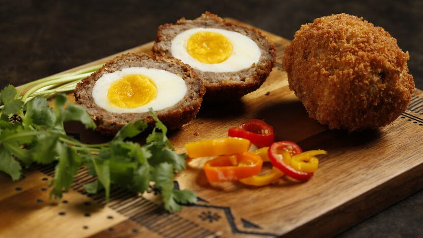 AF+B Chorizo Scotch Eggs. Wood serving board from West Elm.