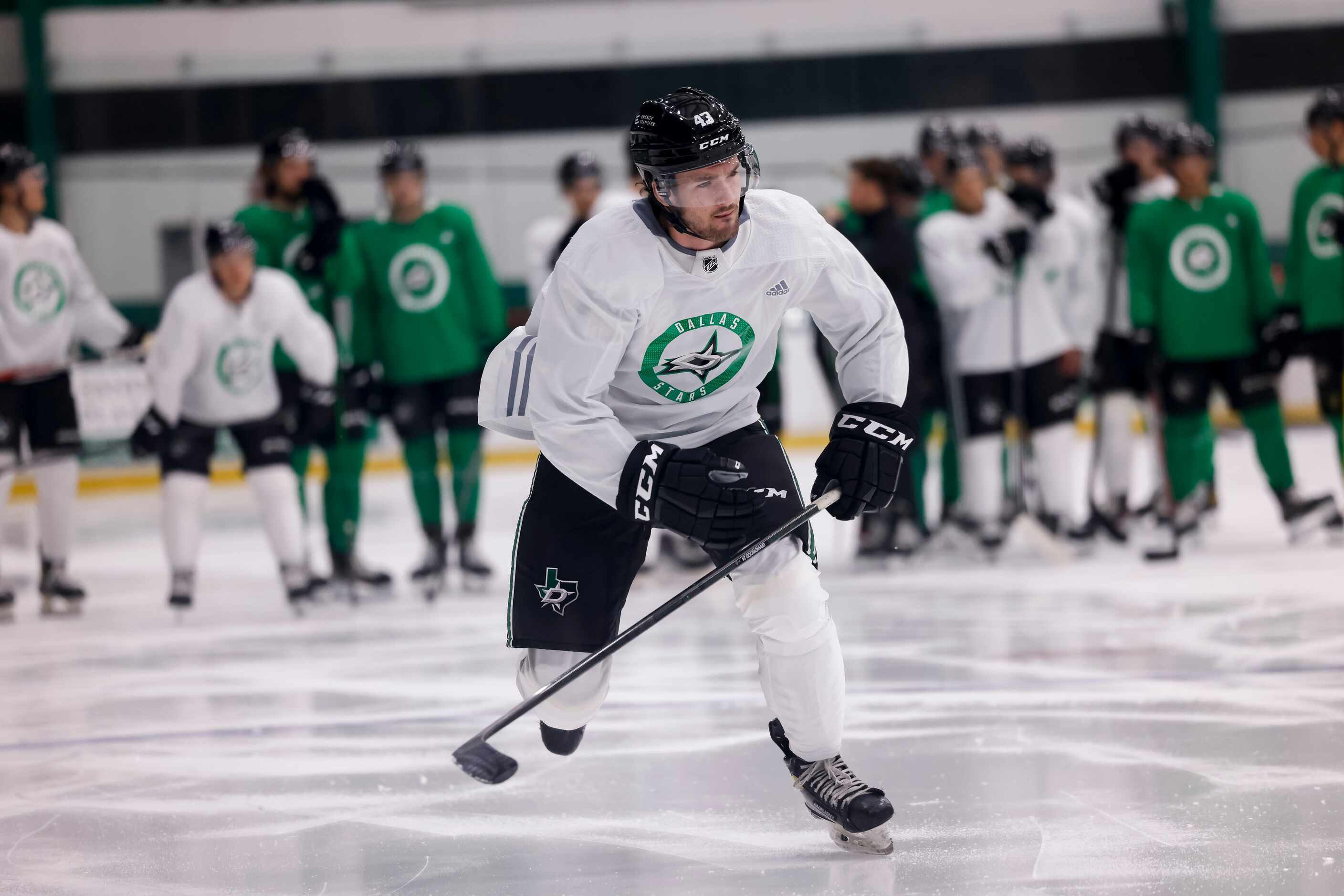 Ethan Brandwood (43) participates in a drill during the Stars’ annual development camp Group...