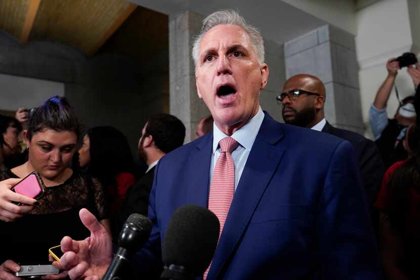 House Republican Leader Kevin McCarthy, R-Calif., speaks as he pursues the Speaker of the...