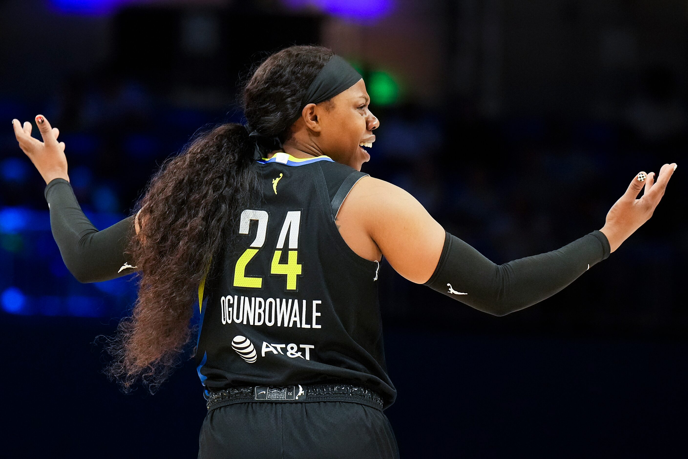 Dallas Wings guard Arike Ogunbowale (24) reacts after a call during the second half of a...