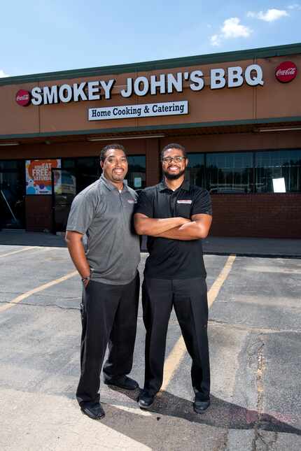Juan and Brent Reaves, left to right, co-own Smokey John's BBQ in Dallas and operate...