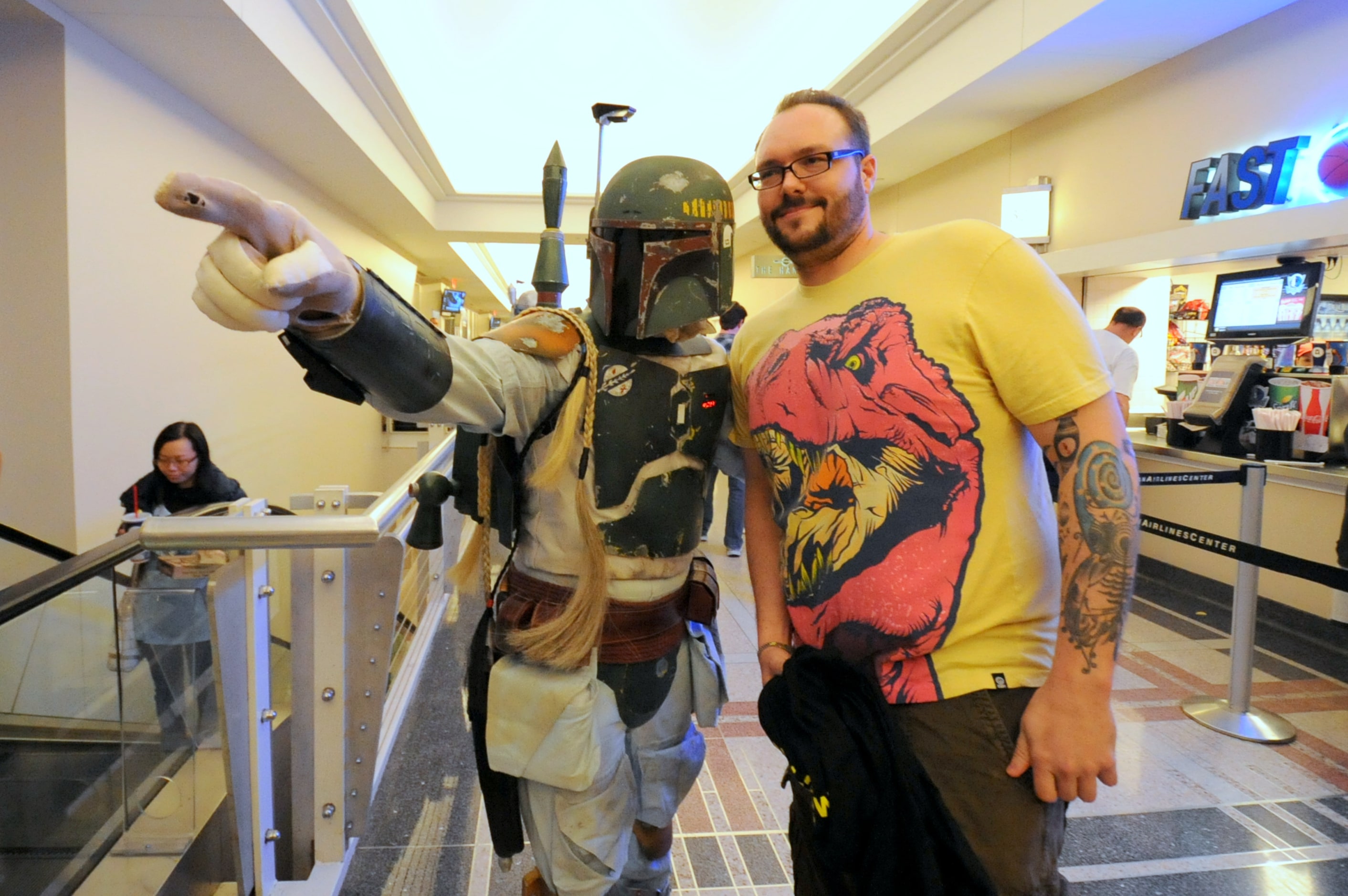 Karl Lake meets Boba Fett at Star Wars night at the Dallas Mavericks basketball game at...