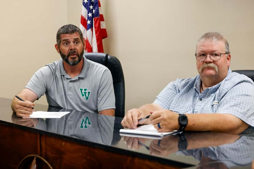 Valley View Mayor Janson Bewley (left) speaks with The Dallas Morning News alongside Mayor...