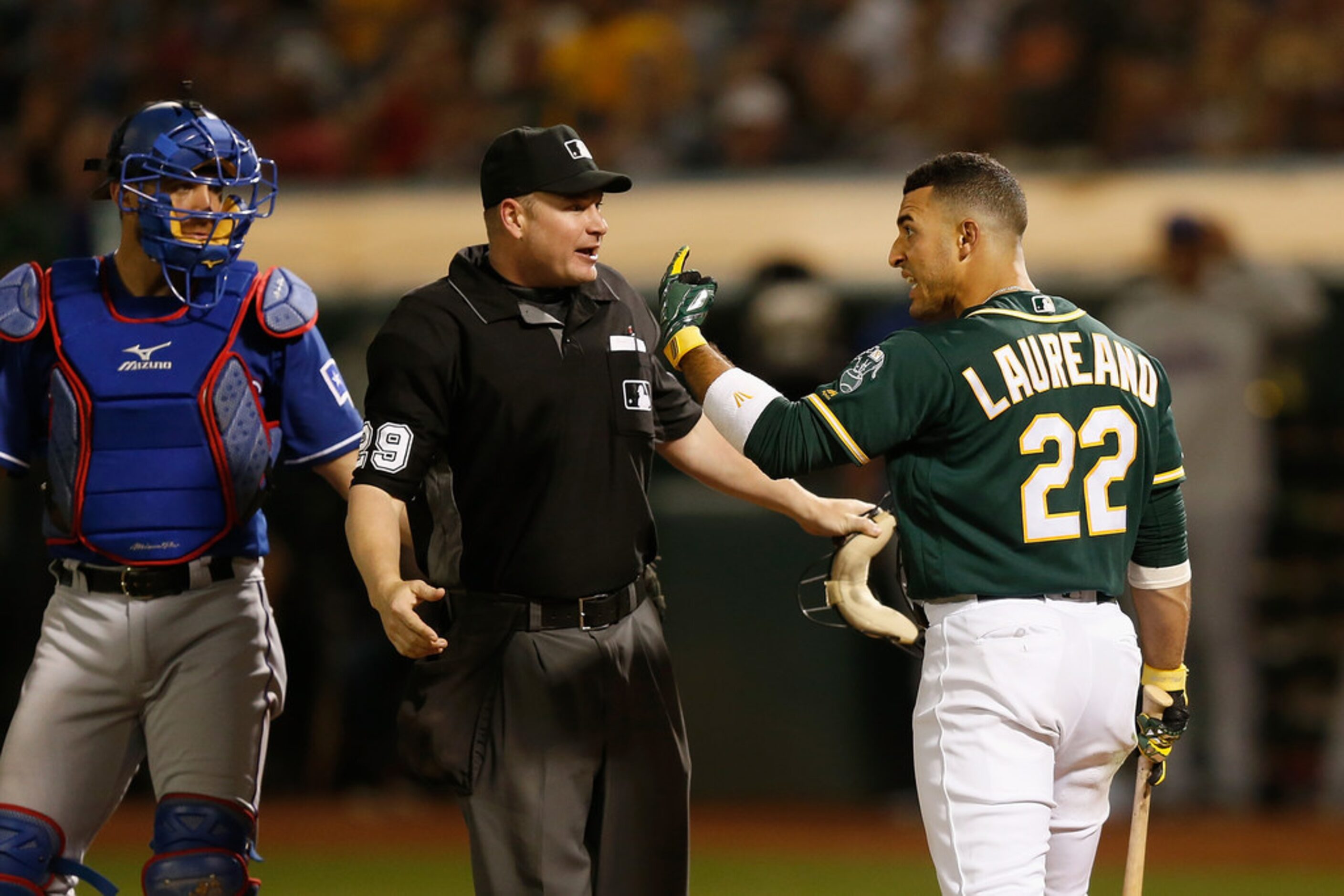 OAKLAND, CALIFORNIA - JULY 27: Ramon Laureano #22 of the Oakland Athletics reacts after...