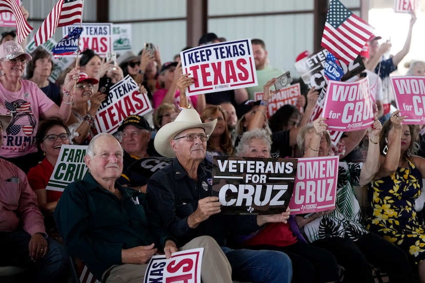 Supporters cheer for Sen. Ted Cruz, R-Texas, during a campaign rally Tuesday, Oct. 29, 2024,...